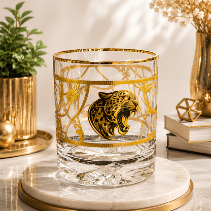 Crystal Leopard Whiskey Glass - Real Gold Plated - Set of 6 with Leather Briefcase