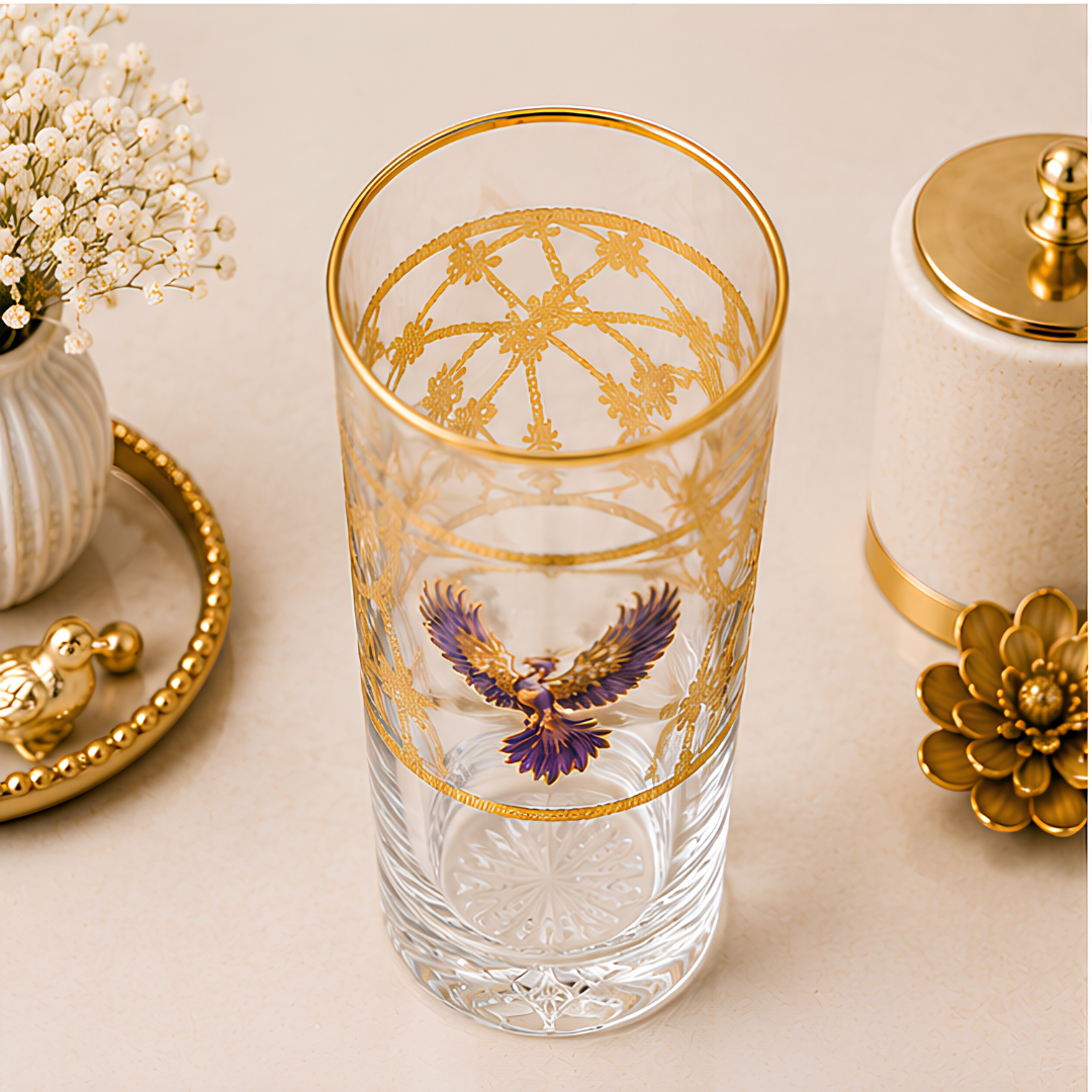 Crystal Phoenix Whiskey Glass - Real Gold Plated - Set of 6 with Leather Briefcase