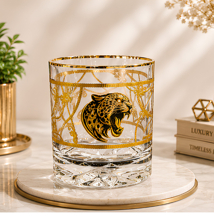 Crystal Leopard Whiskey Glass - Real Gold Plated - Set of 6 with Leather Briefcase