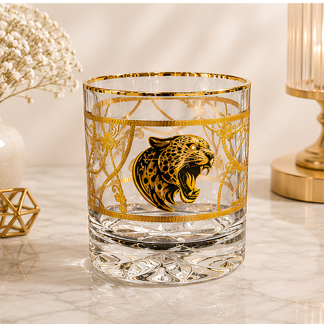 Crystal Leopard Whiskey Glass - Real Gold Plated - Set of 6 with Leather Briefcase