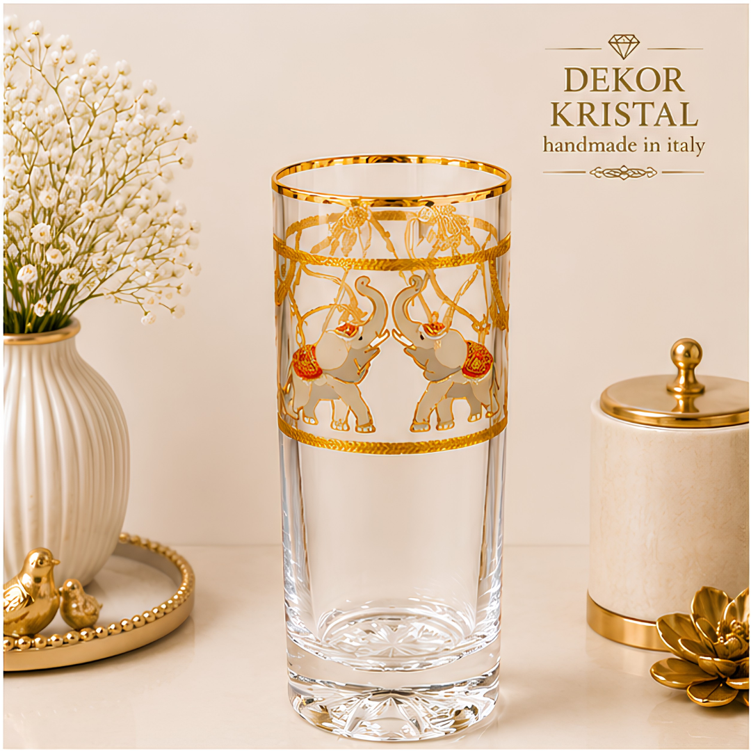 Majestic Elephant Crystal Tumbler - Real Gold Plated - Set of 6 with Leather Briefcase