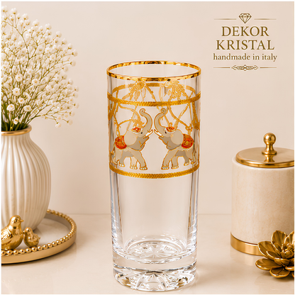 Majestic Elephant Crystal Tumbler - Real Gold Plated - Set of 6 with Leather Briefcase