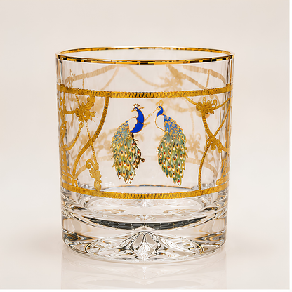 Crystal Peacock Whiskey Glass - Real Gold Plated - Set of 6 with Leather Briefcase