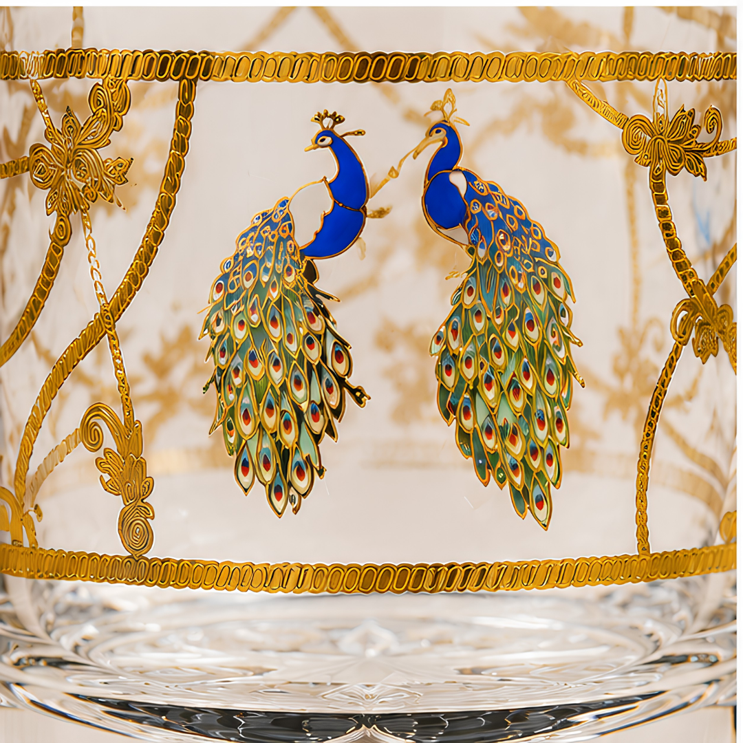Crystal Peacock Whiskey Glass - Real Gold Plated - Set of 6 with Leather Briefcase