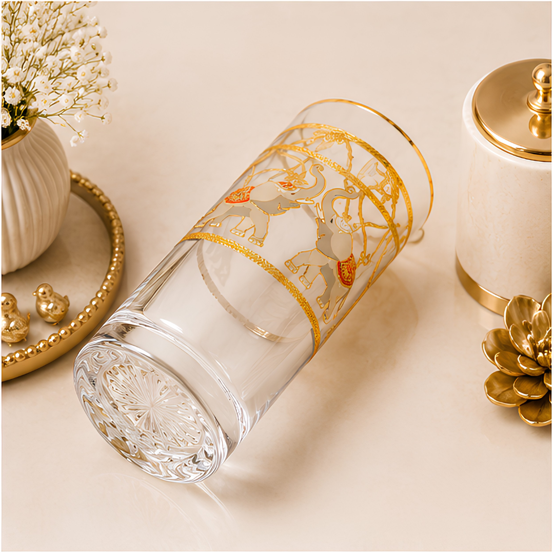 Majestic Elephant Crystal Tumbler - Real Gold Plated - Set of 6 with Leather Briefcase