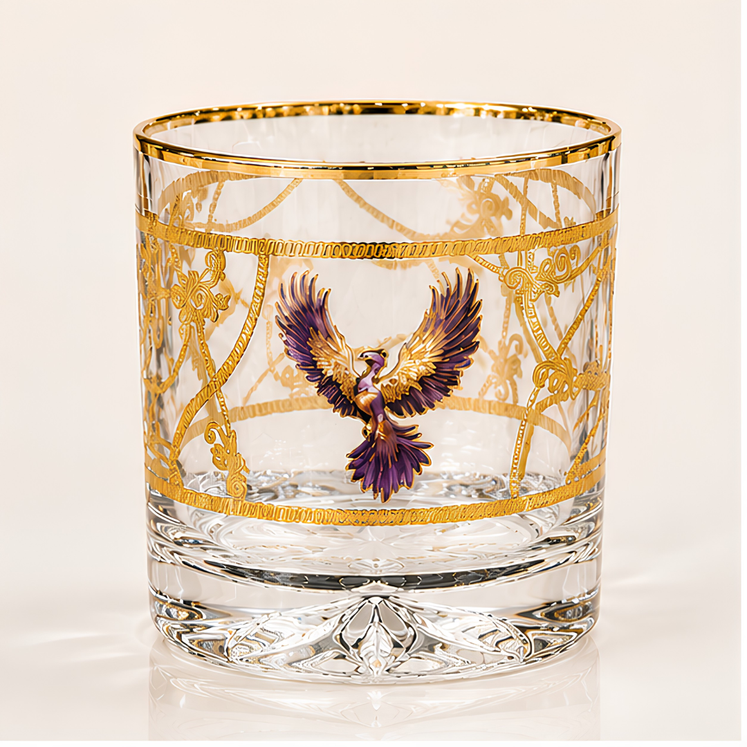 Crystal Phoenix Whiskey Glass - Real Gold Plated - Set of 6 with Leather Briefcase