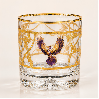 Crystal Phoenix Whiskey Glass - Real Gold Plated - Set of 6 with Leather Briefcase