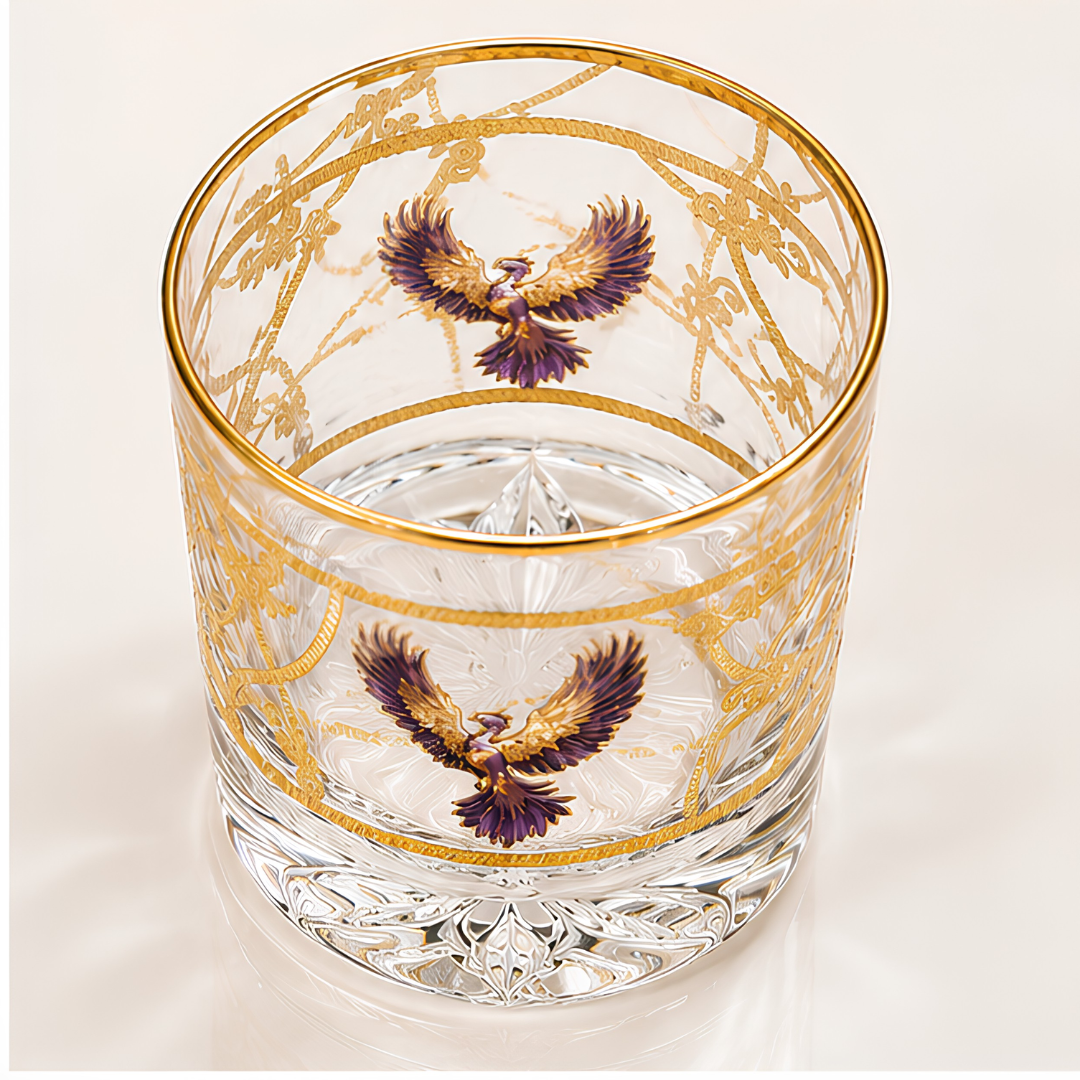 Crystal Phoenix Whiskey Glass - Real Gold Plated - Set of 6 with Leather Briefcase