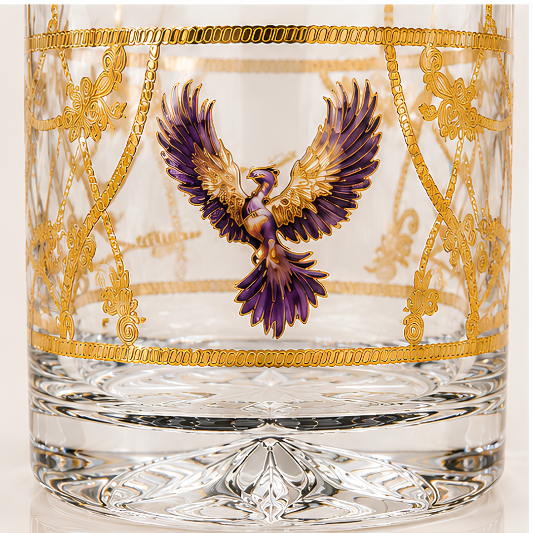 Crystal Phoenix Whiskey Glass - Real Gold Plated - Set of 6 with Leather Briefcase