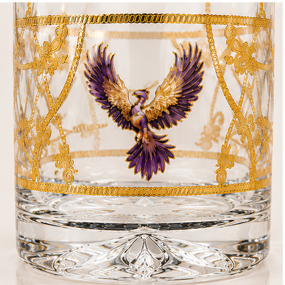Crystal Phoenix Whiskey Glass - Real Gold Plated - Set of 6 with Leather Briefcase