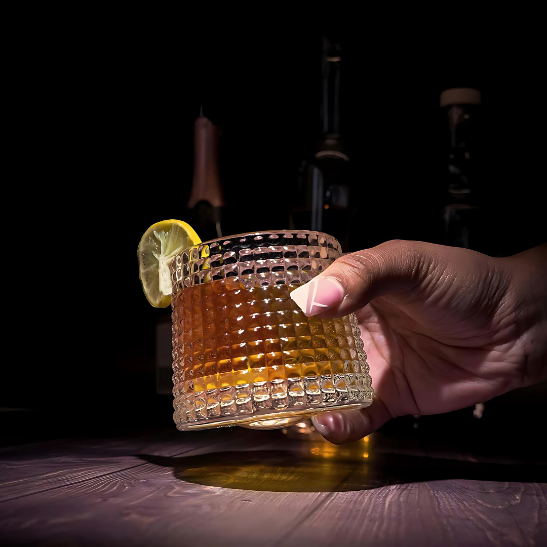 Rock & Roll Whiskey Glass - Pure Crystal - Set Of 6 With Premium Revolving Coasters