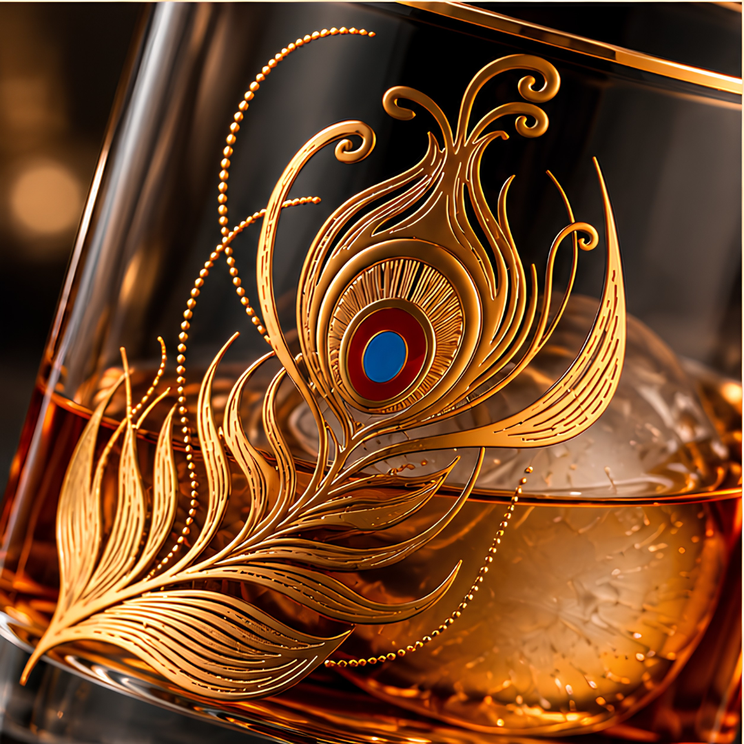 Majestic Peacock Wing Crystal Whiskey Glass – Set of 6 - Handmade