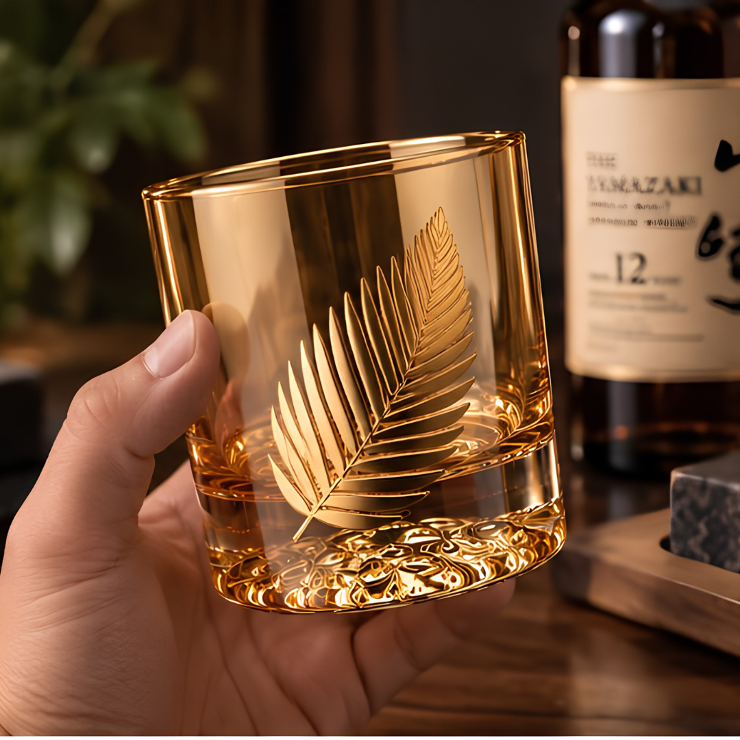 Royal Leaf Gold Whiskey Glass Set of 6, Made in Italy