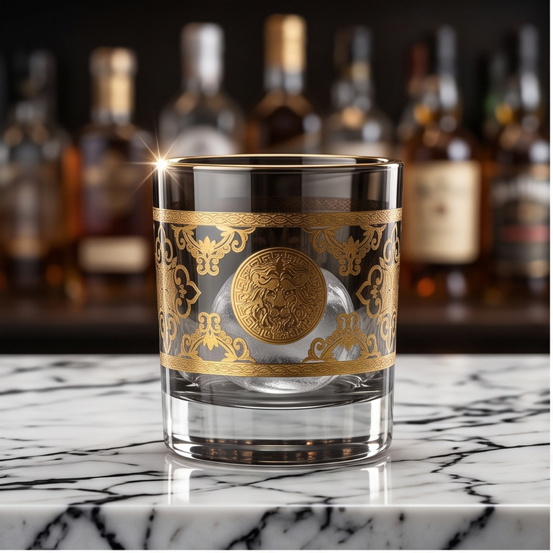 Royal Lion Whiskey Glass – Real Gold Embossed | Ash Crystal | Set of 6