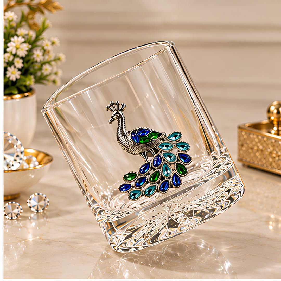 Peacock Royale Crystal Tumbler - Diamond Studded - Premium Leather Box - Set Of 6