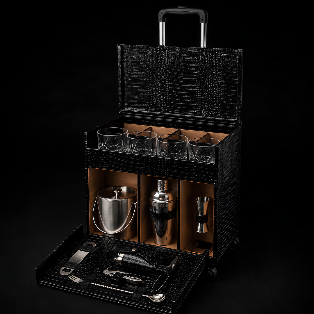 Luxury Leather Bar Trolley With Glasses & Bar Tools – 4 Bottle Holder Space
