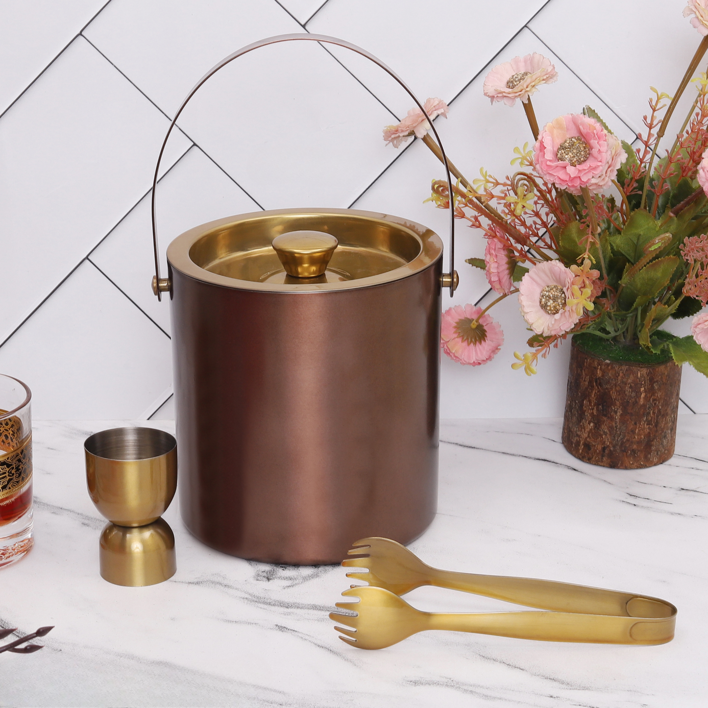 Golden Copper Ice Bucket With Jigger And Tong