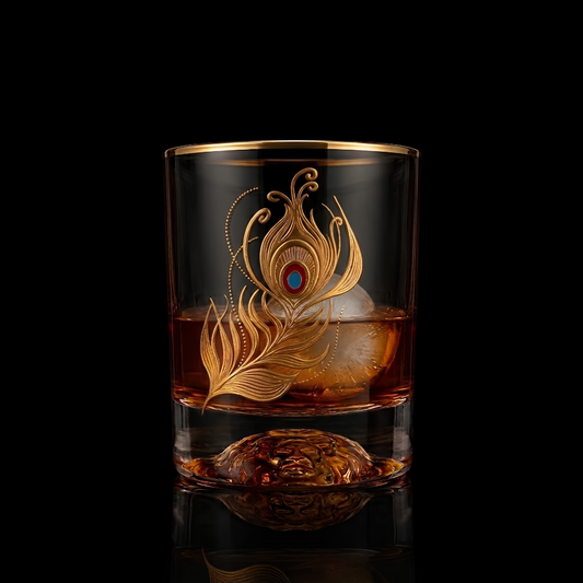 Majestic Peacock Wing Print Crystal Whiskey Glass – Set of 6