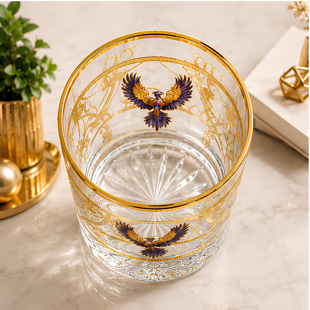 Crystal Phoenix Whiskey Glass - Real Gold Plated - Set of 6 with Leather Briefcase