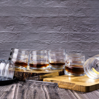 Revolving Swirl Glass With Wooden Coasters - Pure Crystal - Set Of 6