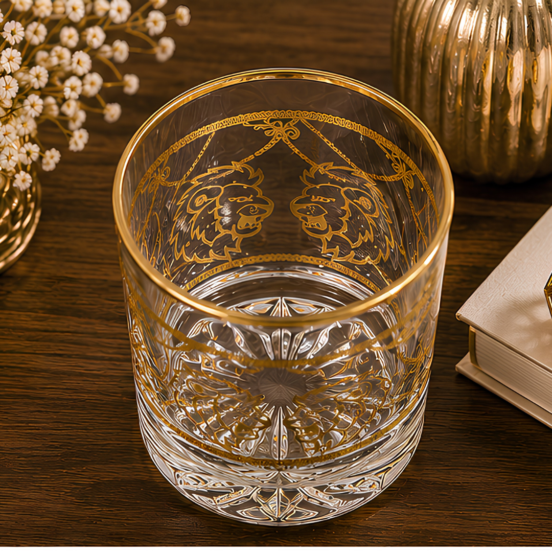 Crystal Lion Embossed Whiskey Glass - Real Gold Plated - Set of 6 with Leather Briefcase