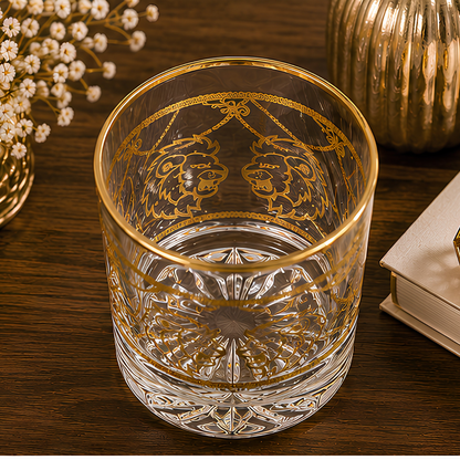 Crystal Lion Embossed Whiskey Glass - Real Gold Plated - Set of 6 with Leather Briefcase