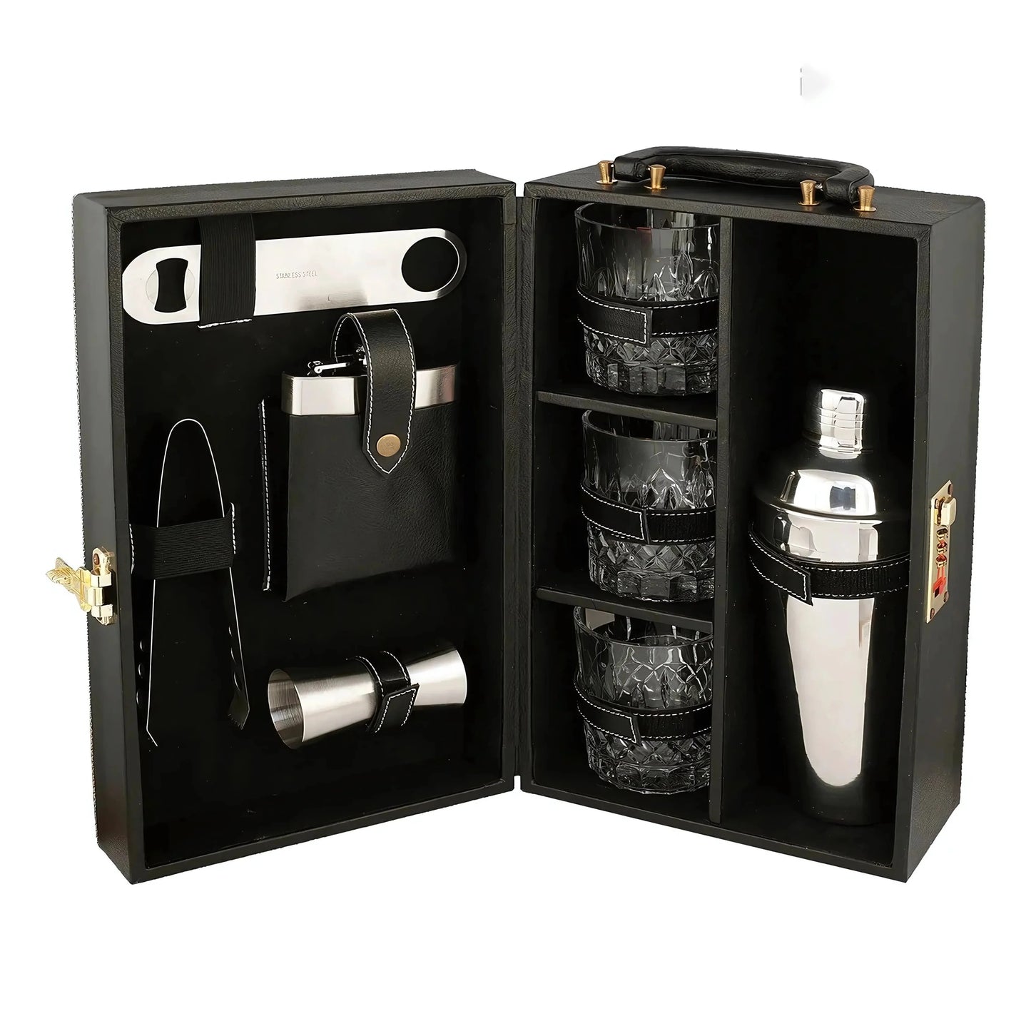 Leather Bar Briefcase With 3 Whiskey Glasses And Bar Tools
