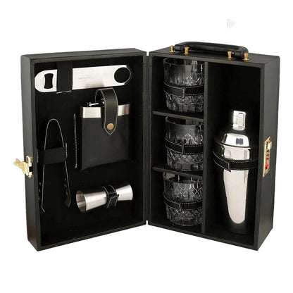 Leather Bar Briefcase With 3 Whiskey Glasses And Bar Tools