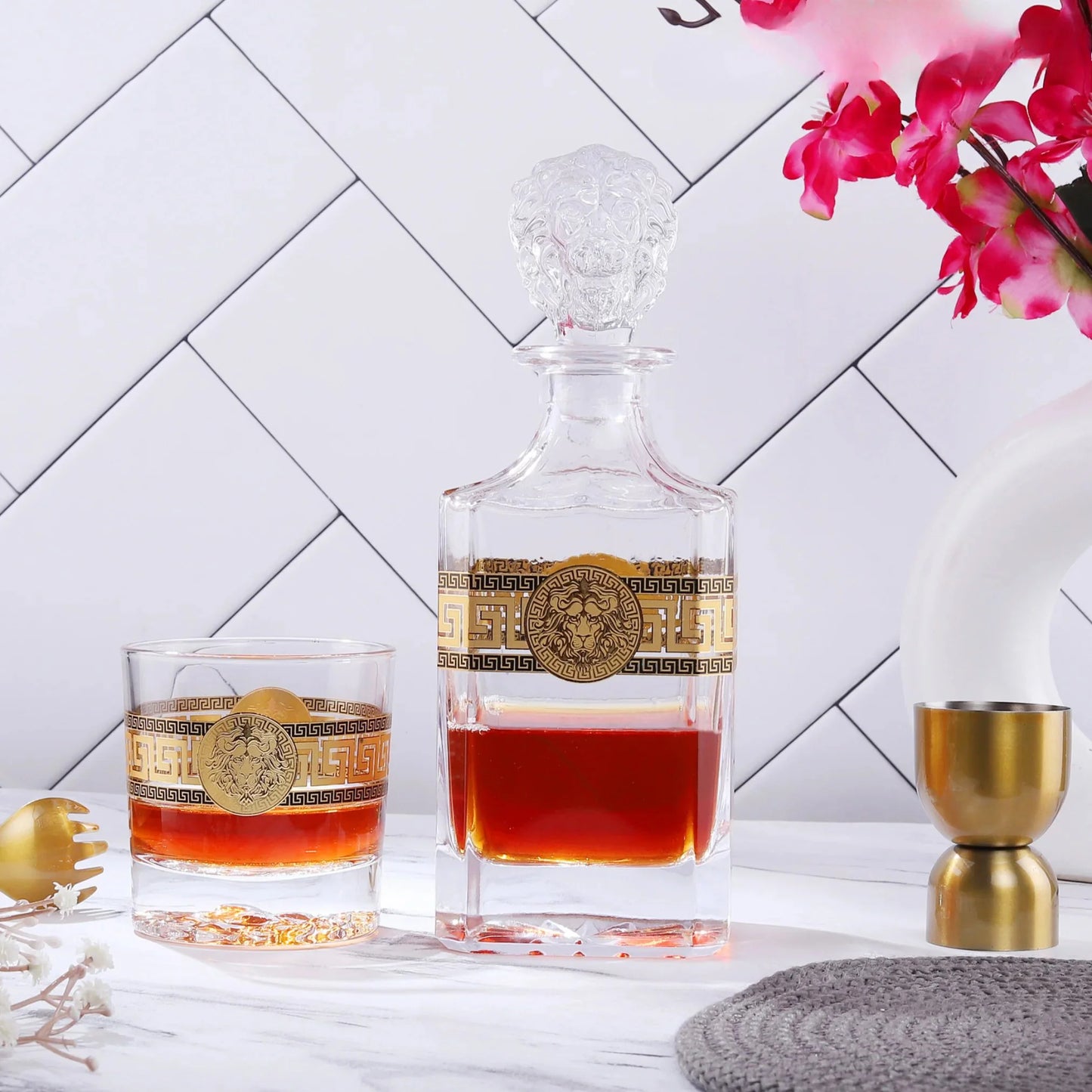 Lion Design Gold-Plated Whiskey Decanter Set
