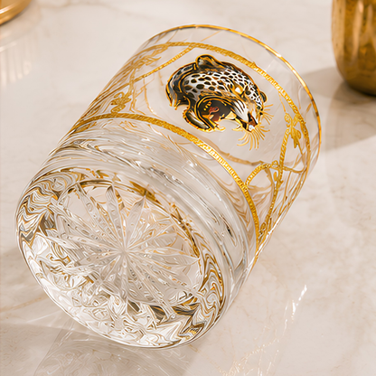 Crystal White Tiger Whiskey Glass - Real Gold Plated - Set of 6 with Leather Briefcase