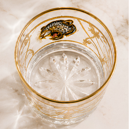 Crystal White Tiger Whiskey Glass - Real Gold Plated - Set of 6 with Leather Briefcase