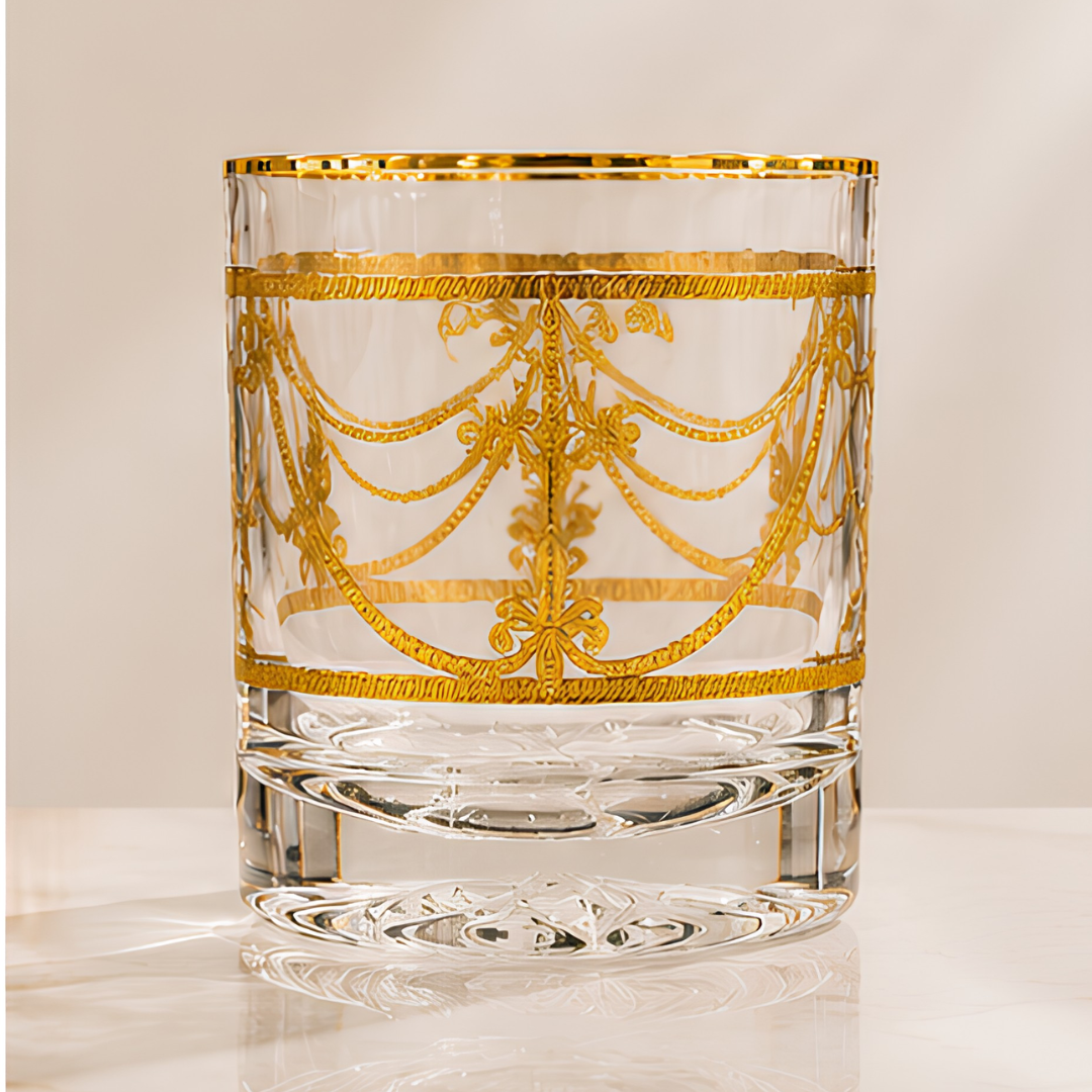 Crystal White Tiger Whiskey Glass - Real Gold Plated - Set of 6 with Leather Briefcase