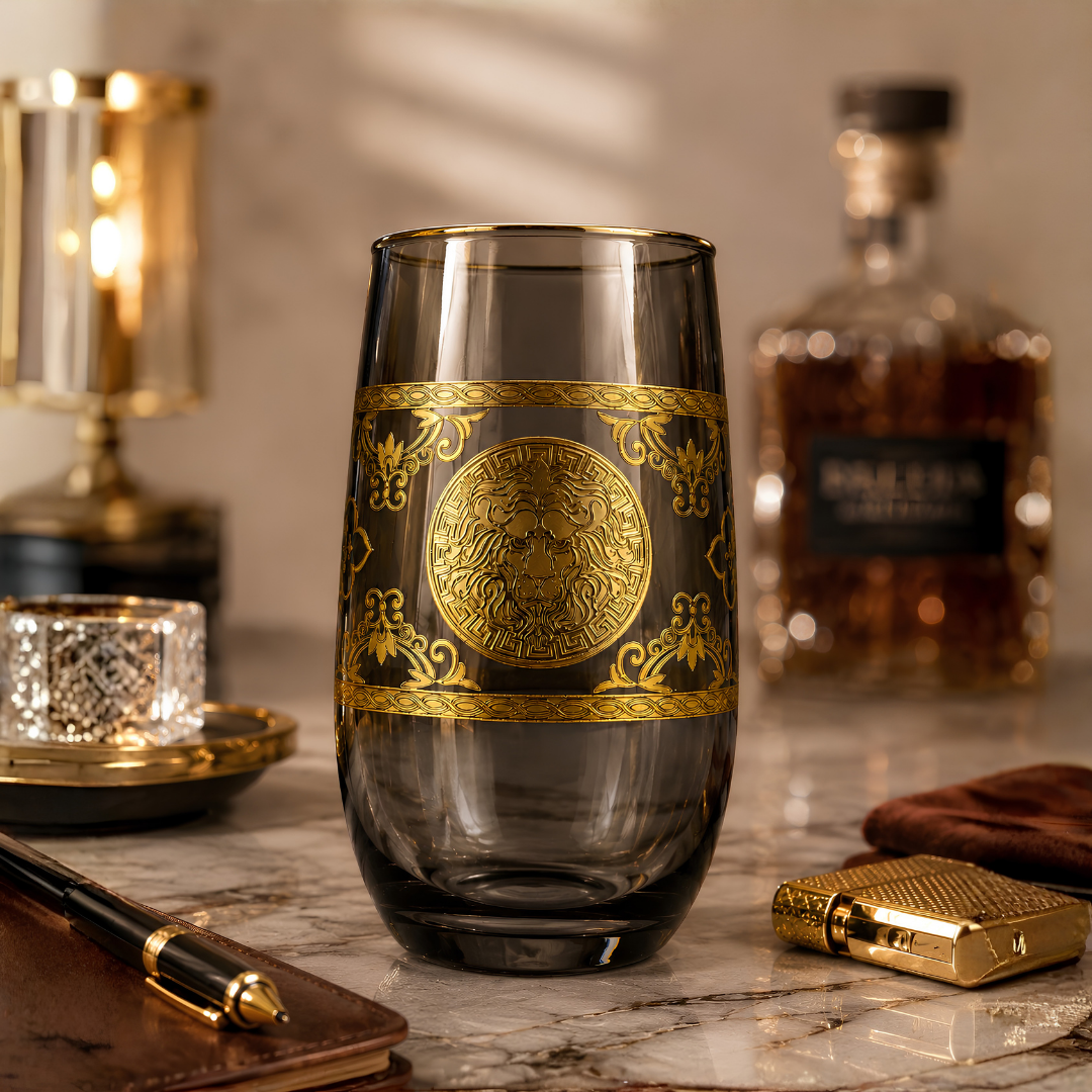 Darkstone Crystal Glass with Embossed Golden Lion – Set of 6