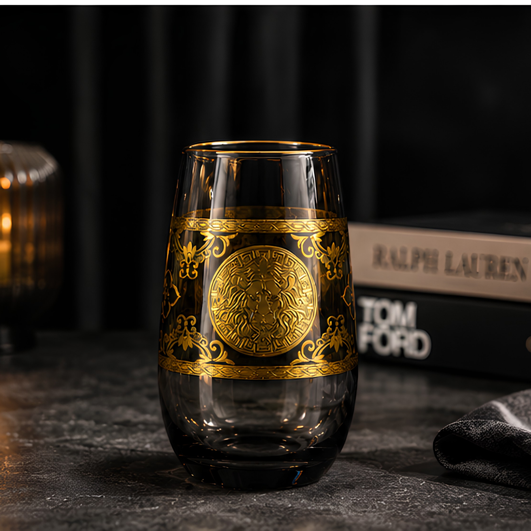 Darkstone Crystal Glass with Embossed Golden Lion – Set of 6