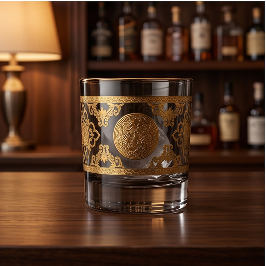 Royal Lion Whiskey Glass – Real Gold Embossed | Ash Crystal | Set of 6