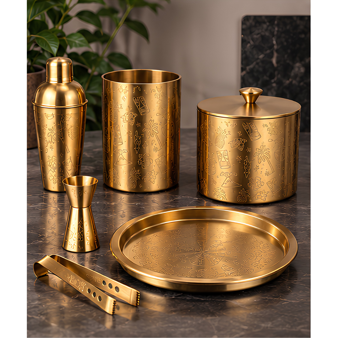 Home Bar Set - Gold Plated - 6 Piece Set - Hand Embossed