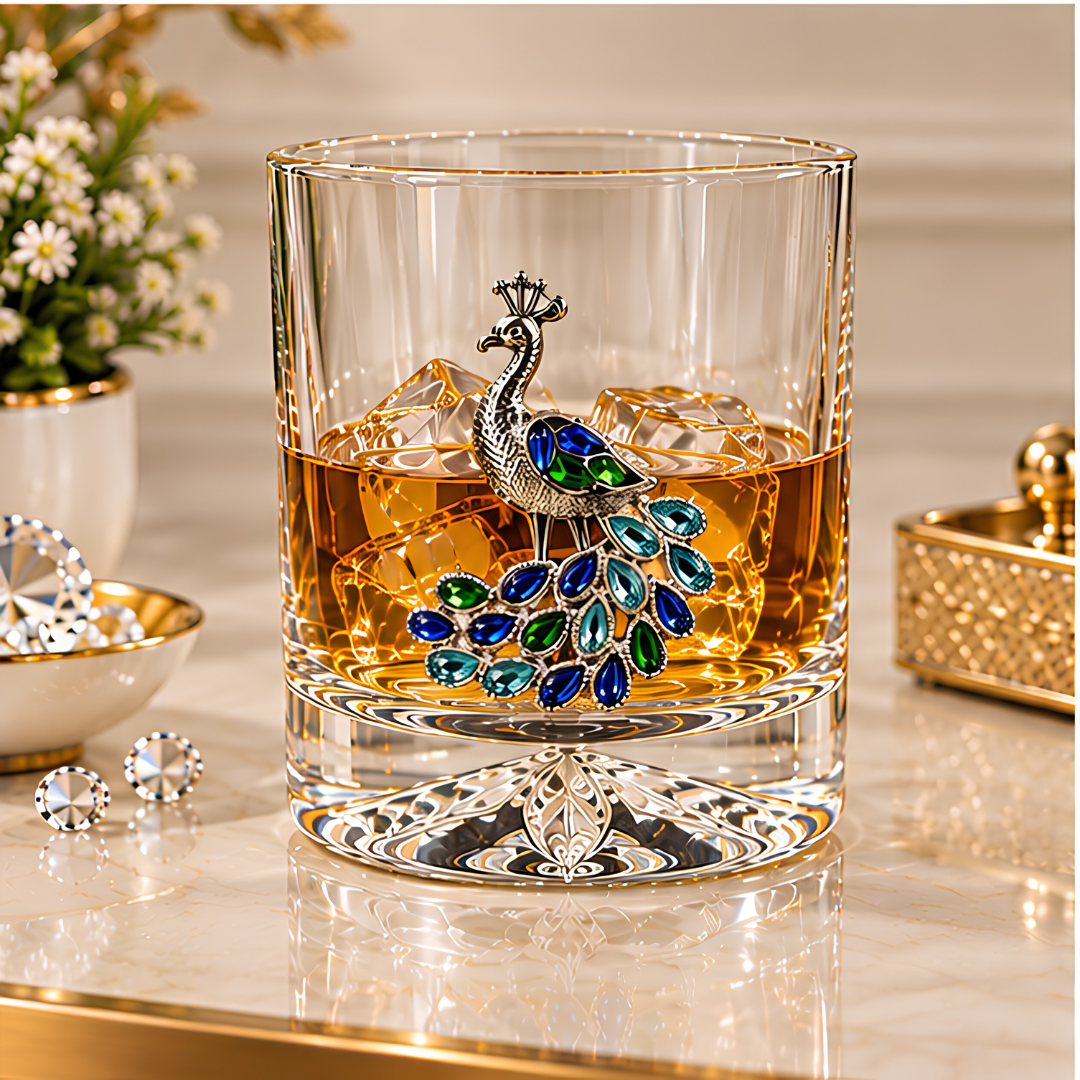Peacock Royale Crystal Tumbler - Diamond Studded - Premium Leather Box - Set Of 6