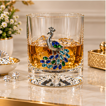 Peacock Royale Crystal Tumbler - Diamond Studded - Premium Leather Box - Set Of 6