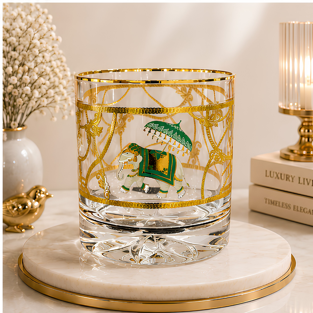 Royal Heritage Elephant Crystal Tumbler - Real Gold Plated - Set of 6 with Leather Briefcase