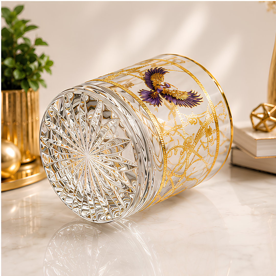 Crystal Phoenix Whiskey Glass - Real Gold Plated - Set of 6 with Leather Briefcase