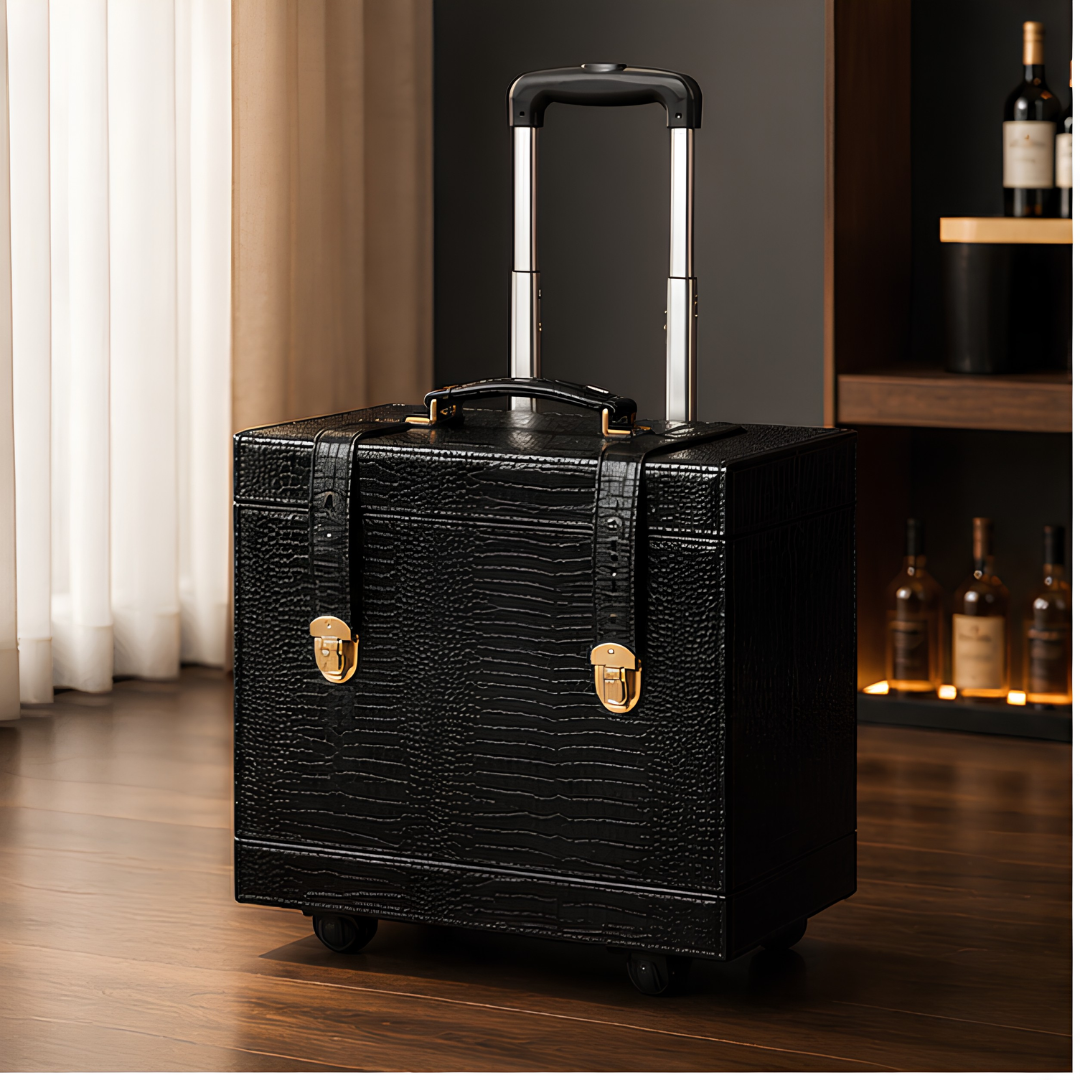 Luxury Leather Bar Trolley With Glasses & Bar Tools – 4 Bottle Holder Space