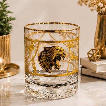 Crystal Leopard Whiskey Glass - Real Gold Plated - Set of 6 with Leather Briefcase