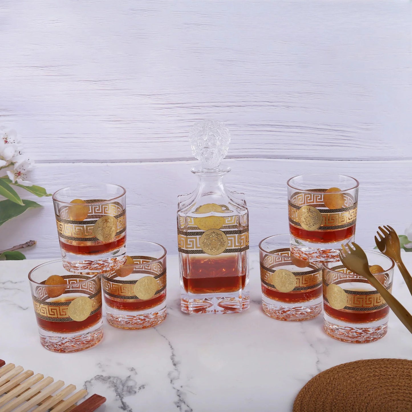 Lion Design Gold-Plated Whiskey Decanter Set