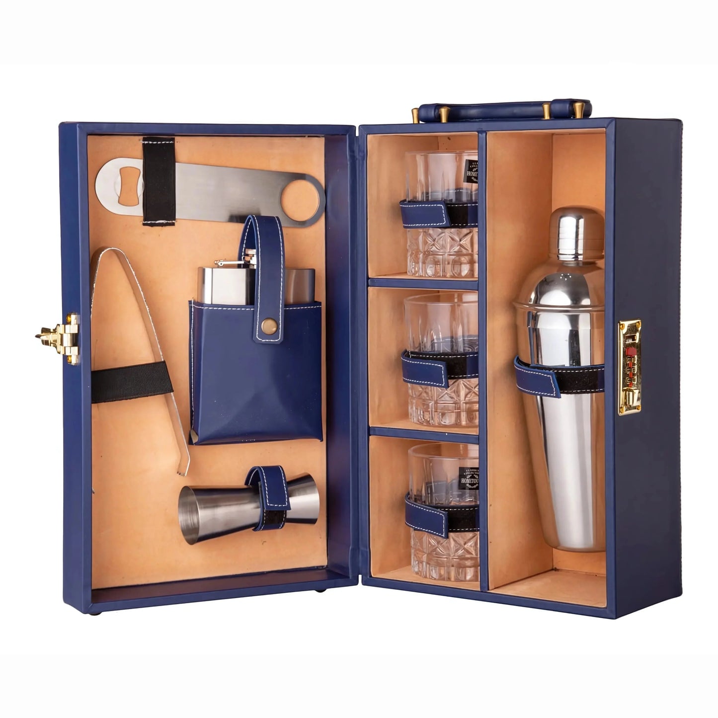 Leather Bar Briefcase With 3 Whiskey Glasses And Bar Tools