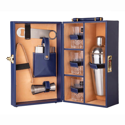 Leather Bar Briefcase With 3 Whiskey Glasses And Bar Tools