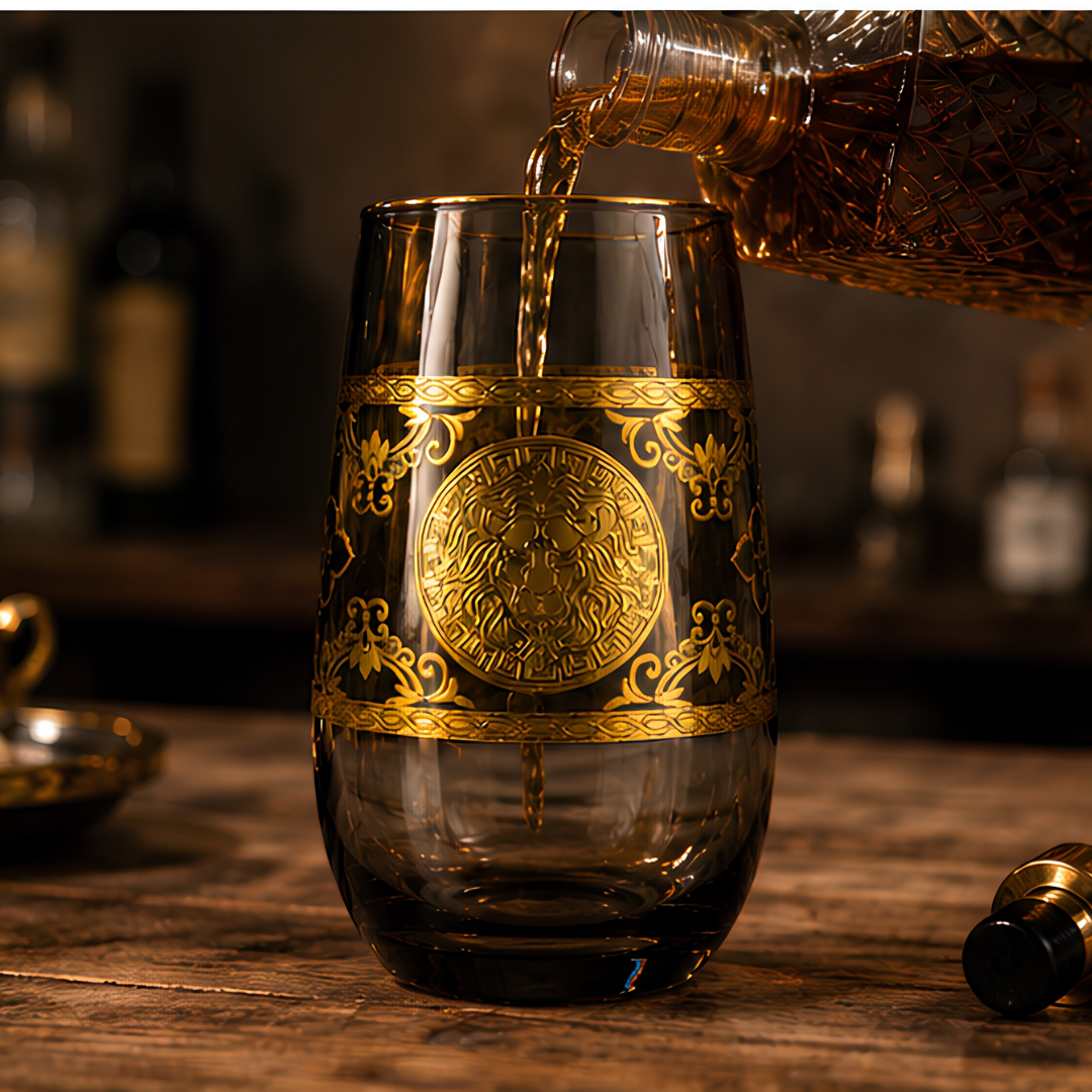 Darkstone Crystal Glass with Embossed Golden Lion – Set of 6