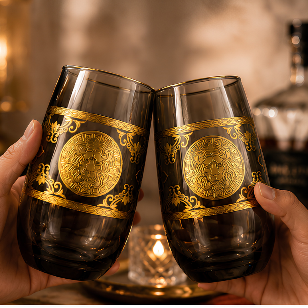 Darkstone Crystal Glass with Embossed Golden Lion – Set of 6
