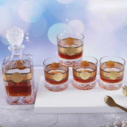 Lion Design Gold-Plated Whiskey Decanter Set