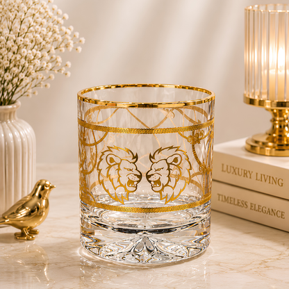 Crystal Lion Embossed Whiskey Glass - Real Gold Plated - Set of 6 with Leather Briefcase