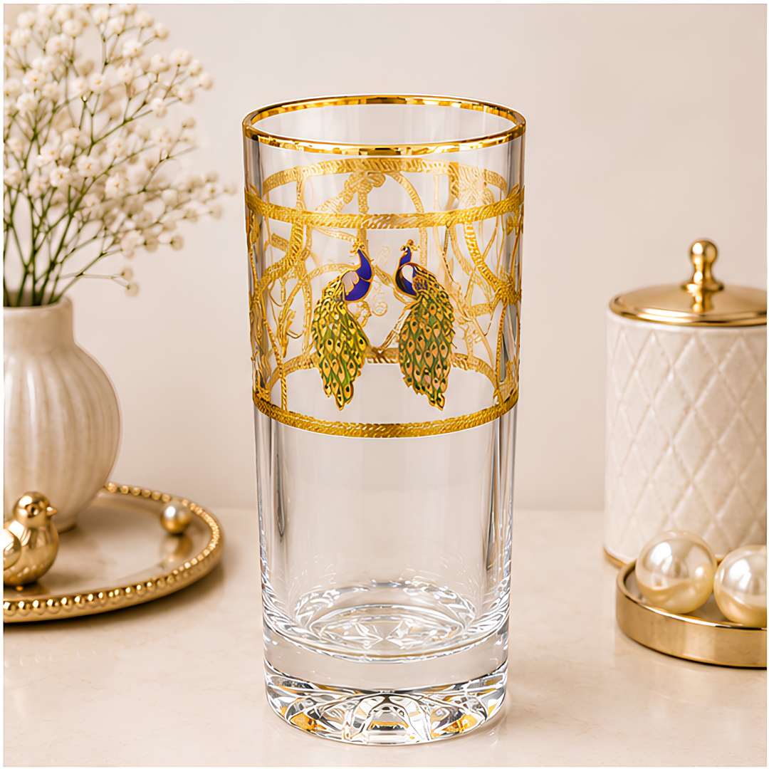 Crystal Peacock Whiskey Glass - Real Gold Plated - Set of 6 with Leather Briefcase